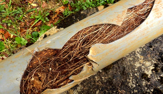 split drainage pipe caused by ingress of tree roots